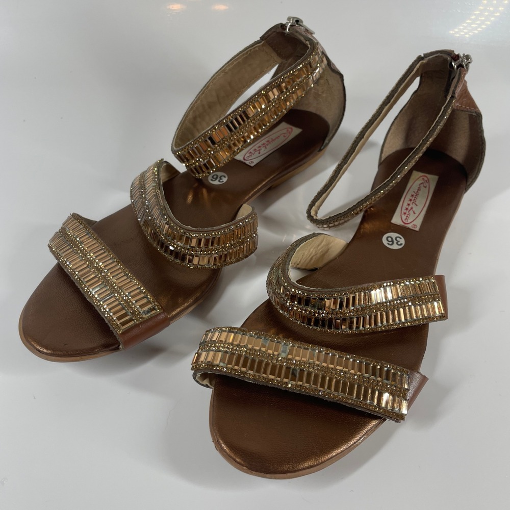 As 7 Gold Bronze Metallic Crystal Embellished Gem Flat Dress Up Sandals Formal